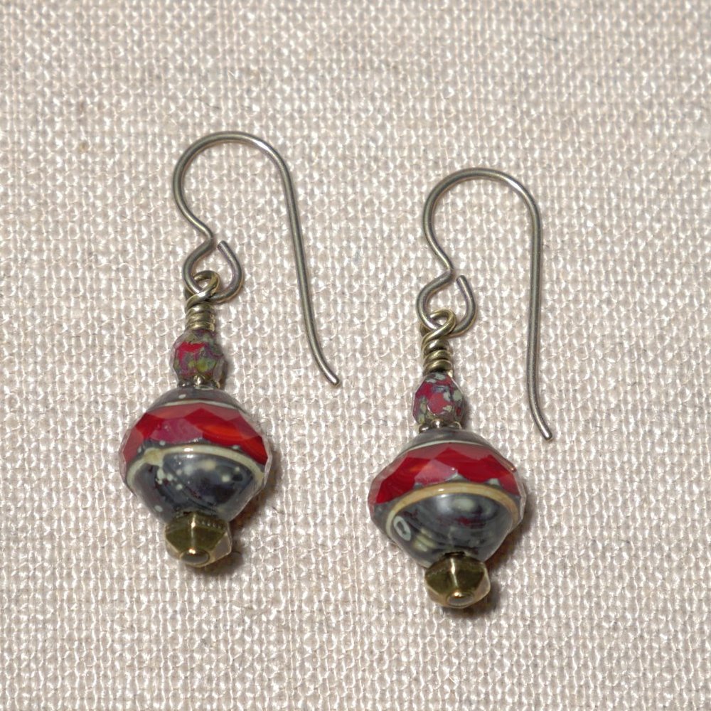 Hand Crafted Handmade Earrings Dark Red Czech Glass Saturn Bead Earrings